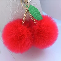 fashion new cute fluffy faux rabbit fur ball pompom keychain cherry gold key chain pom pom keyring bag charms wedding trinket