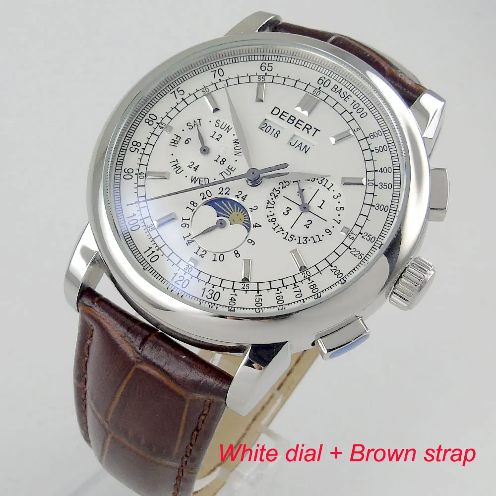 White dial 2 42 мм deber известный наручные часы для мужчин многофункциональный Луна Дата Неделя дисплей кофе кожаный ремешок водонепроницаемый механический автоматический 98 - Цвет: White dial 2