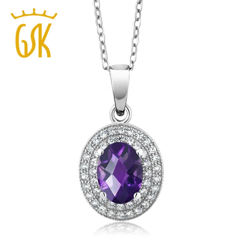 Роскошный камень necklace 2.55 CT ОВАЛЬНЫЙ Фиолетовый аметист 925 серебро женщин кулон и
