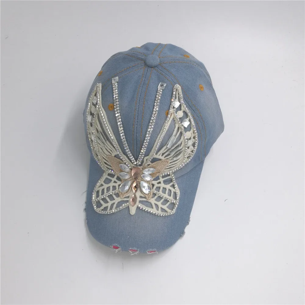 

2020 CLH18 Fashion young lady cap BUTTERFLY bling Rhinestone COTTON denim baseball caps hot sell