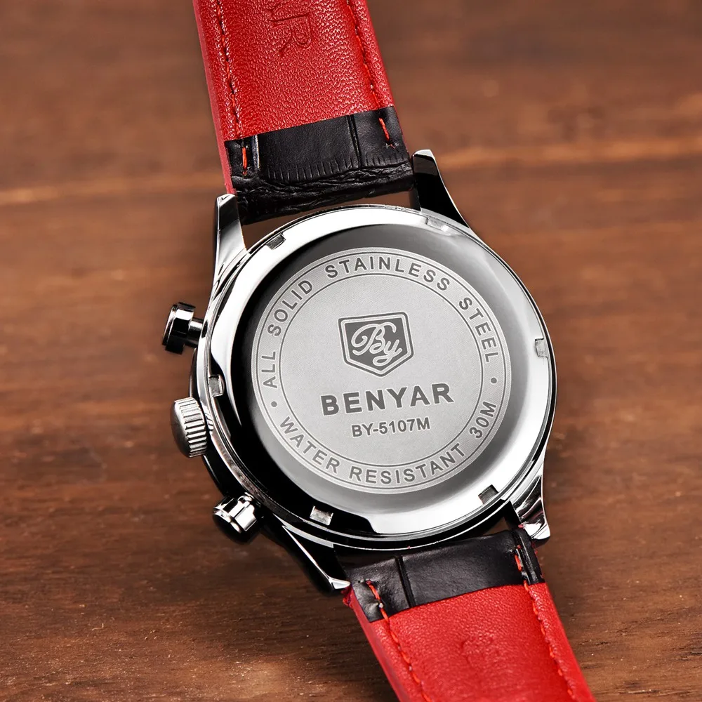 BENYAR Sport Watch Men Luxury Brand Genuine Leather Quartz Chronograph Waterproof With 3 Dials Male Wrist Clock | Наручные часы