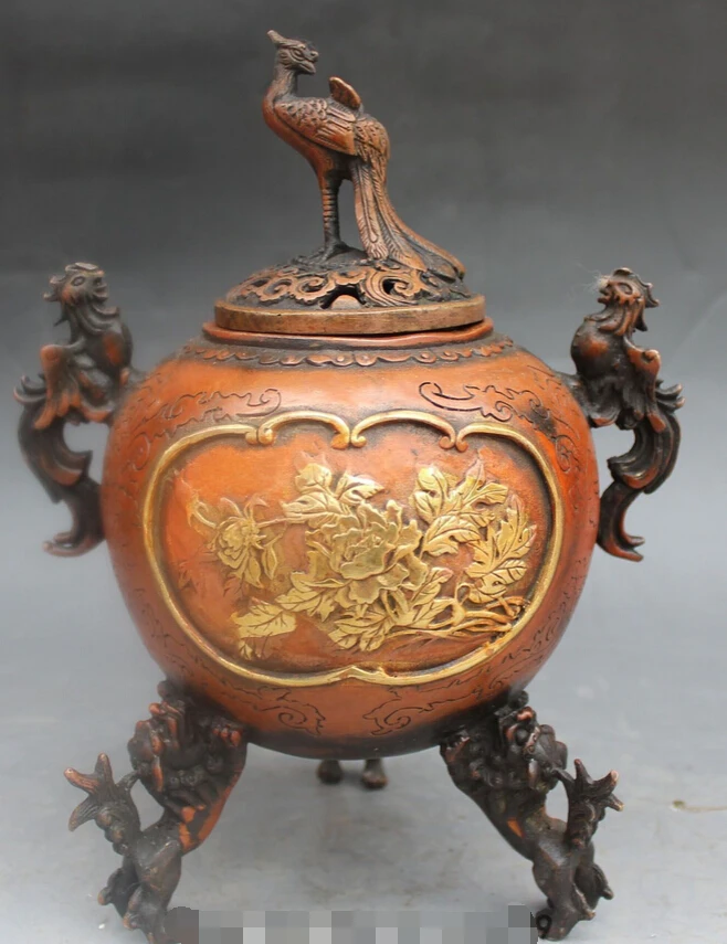 ZSR bi002583 9&quot Marked Chinese Fengshui Bronze Gilt Phoenix Lion incense burner Censer Statue | Дом и сад