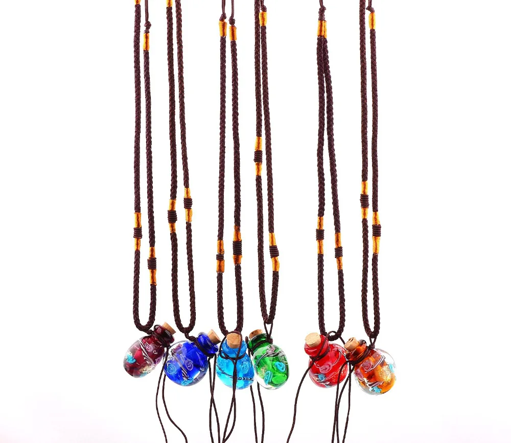 

Fashion 6pcs Colorful Lampwork Flower Glass Pendant Necklace Essential Oil Diffuser Round Perfume Bottles