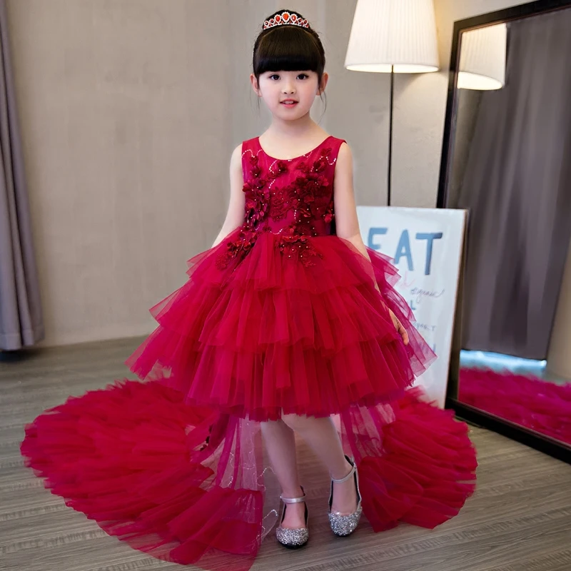 2018 New Luxury Red Flower Girl Dress With Tail For Wedding Kids Pageant First Holy Communion Dresses Party D48 | Детская одежда и