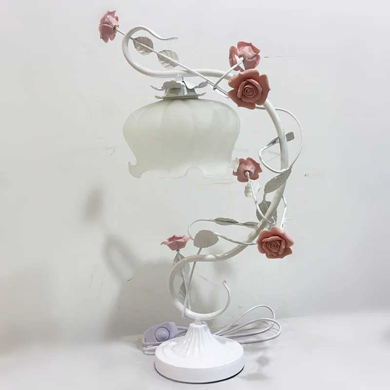 

TUDA 30X50cm Free Shipping Romantic Ceramic Rose Carved Table Lamp Frosted Glass Lampshade European Creative Iron Table Lamp E27