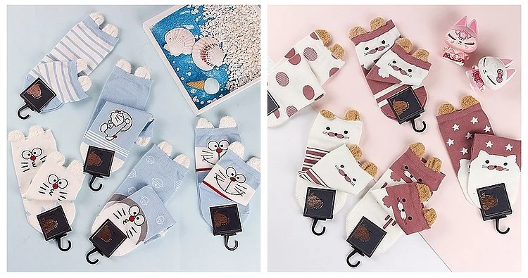 5 Pairs/Lot Women Cute Kawaii Short Socks Cartoon Animals Ears Funny Pattern Jingle Cat Bear Sheep Cotton Ankle Student Socks