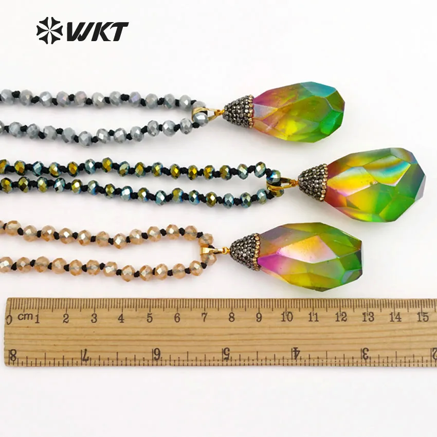 

WT-NV204 Wholesale natural stone necklaces water drop crystal quartz with 28 inch crystal beads 4 colors optional female jewelry
