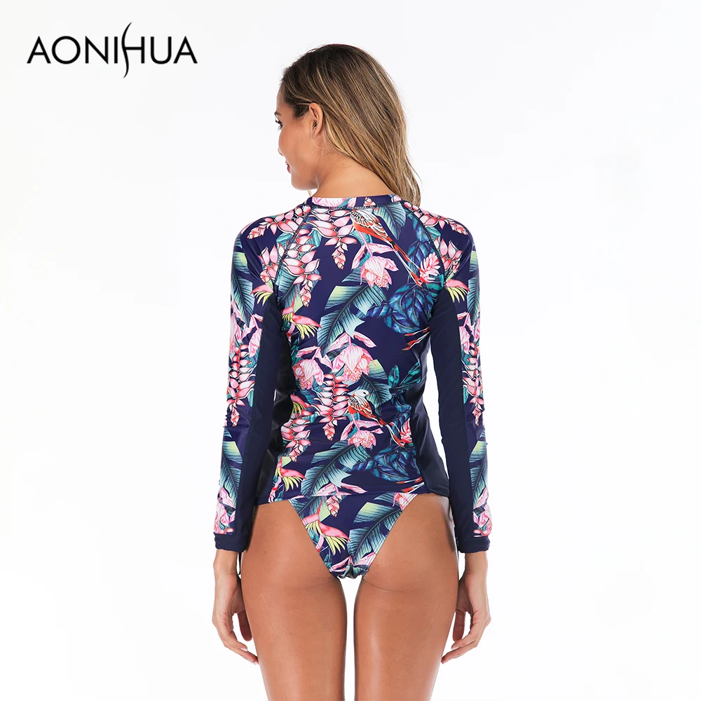 

Aonihua Long Sleeve Two Piece Swimsuit Push Up Female Separate Flower Print Bandage Triangle Swim Suit 6608