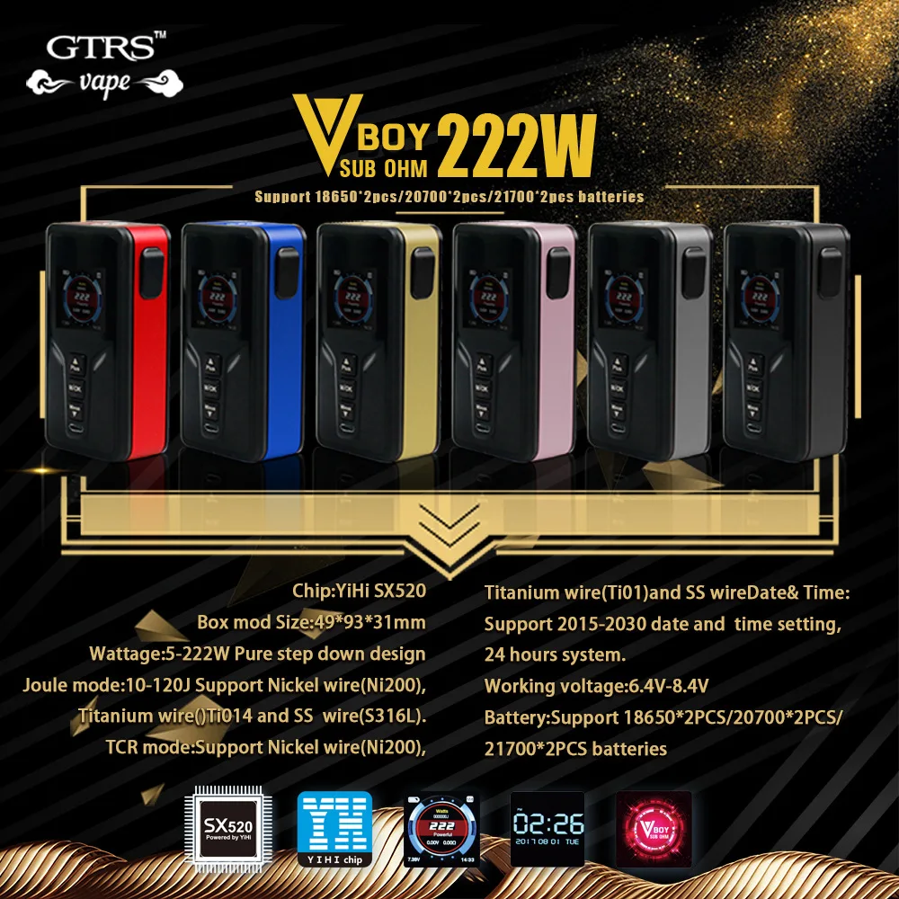 Оригинальный GTRS VBOY 222 Вт 20700 TC коробка мод с чипом SX520 и Макс выход полноцветный