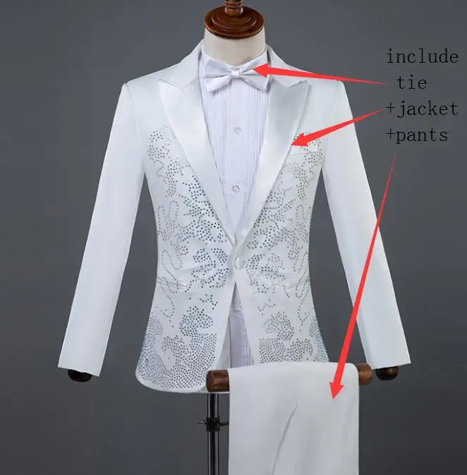 white Пиджак+ галстук+ брюки) Яркие Камни мужские костюмы блестящие стеклянные алмазные блейзеры взрослый костюм певица Compere мастер сценический наряд - Цвет: white