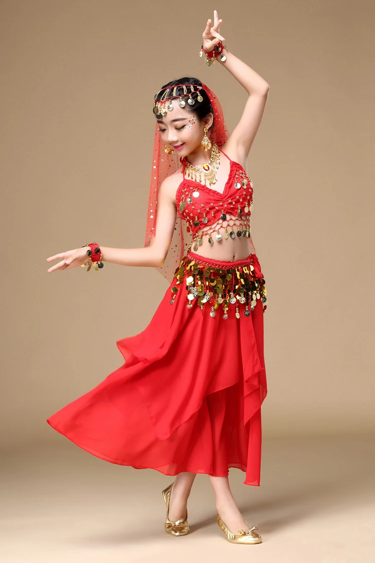 5 colors 4-5-6pcs girls Belly Dance Costume kids Indian Dancing Performance red/rose/yellow/purple/sky blue Clothing Stage skirt |