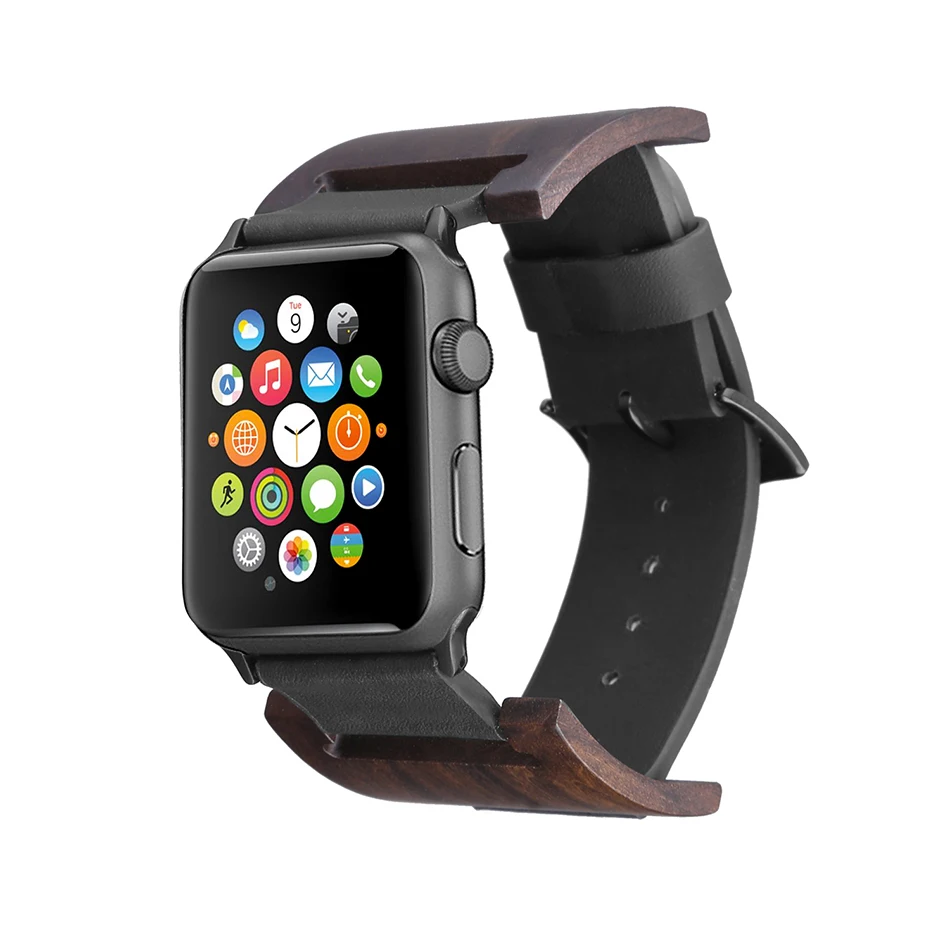 FOHUAS, ремешок для часов из черного дерева, натуральная кожа, петля для apple watch, серия 3, 42 мм, Ретро ремешок, браслет, застежка, петля, черный, коричневый