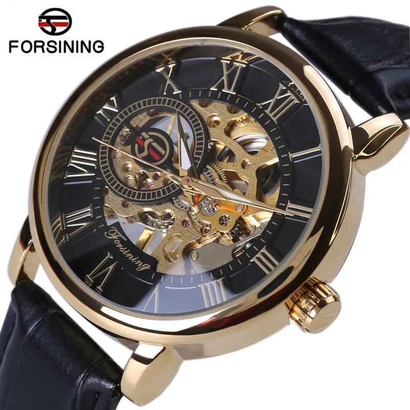 

Forsining 3d Logo Design Hollow Engraving Black Gold Case Leather Skeleton Mechanical Watches Heren Horloge Men Luxury Brand