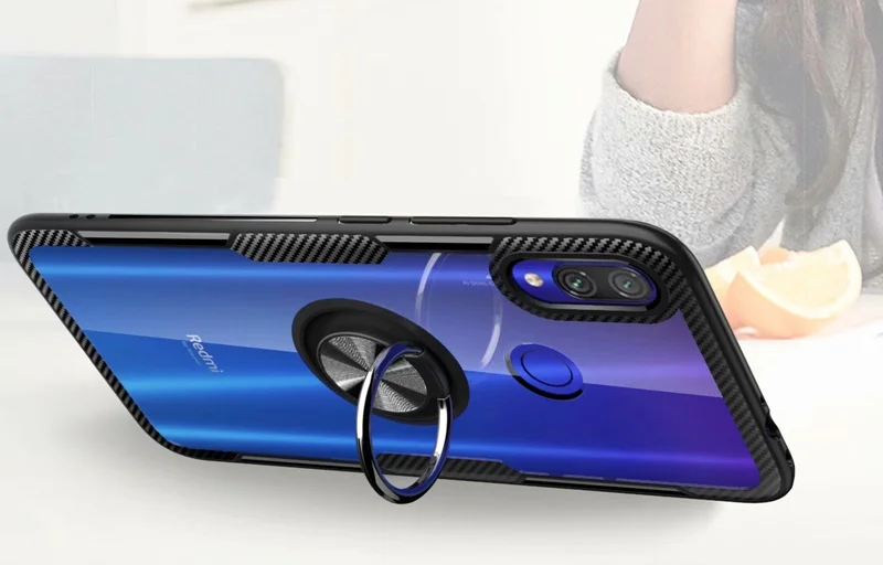 Чехол для Xiaomi Redmi Note 7 прозрачный чехол-подставка с кольцом на палец магнитный