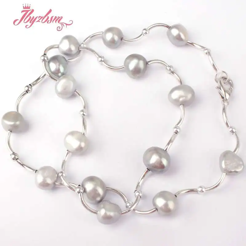 Free Shpping 6 8mm Natural Freeform Shape Cultured Pearl Gem Stone Beads White Silver Plated Fashoin Style Necklace 16 Inch|fashion necklace|necklace