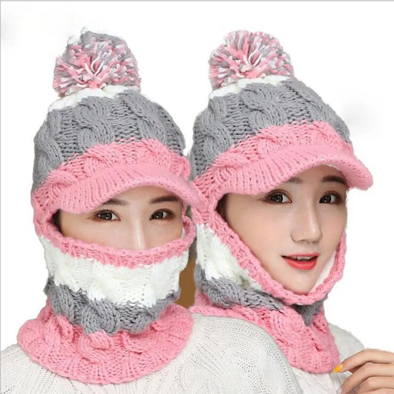 Bingyuanhaoxuan Зимние шапки Skullies Шапки зима Шапки для Для женщин шерстяной шарф Шапки Балаклава маска Gorras капюшон вязаная шапка - Цвет: pink