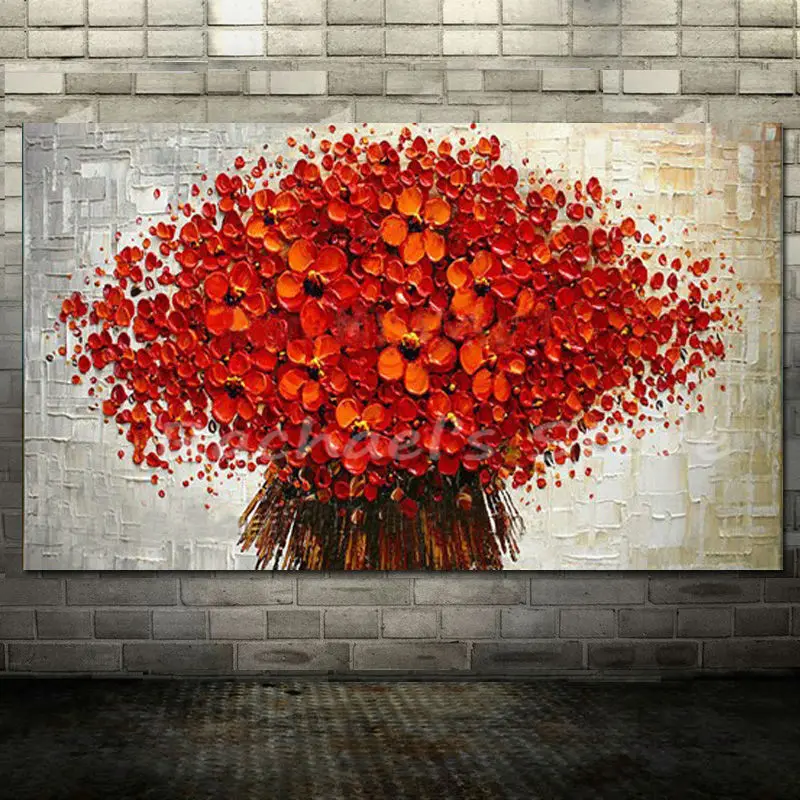 100% ручная роспись высокое качество красный цветок палитра нож картина маслом на