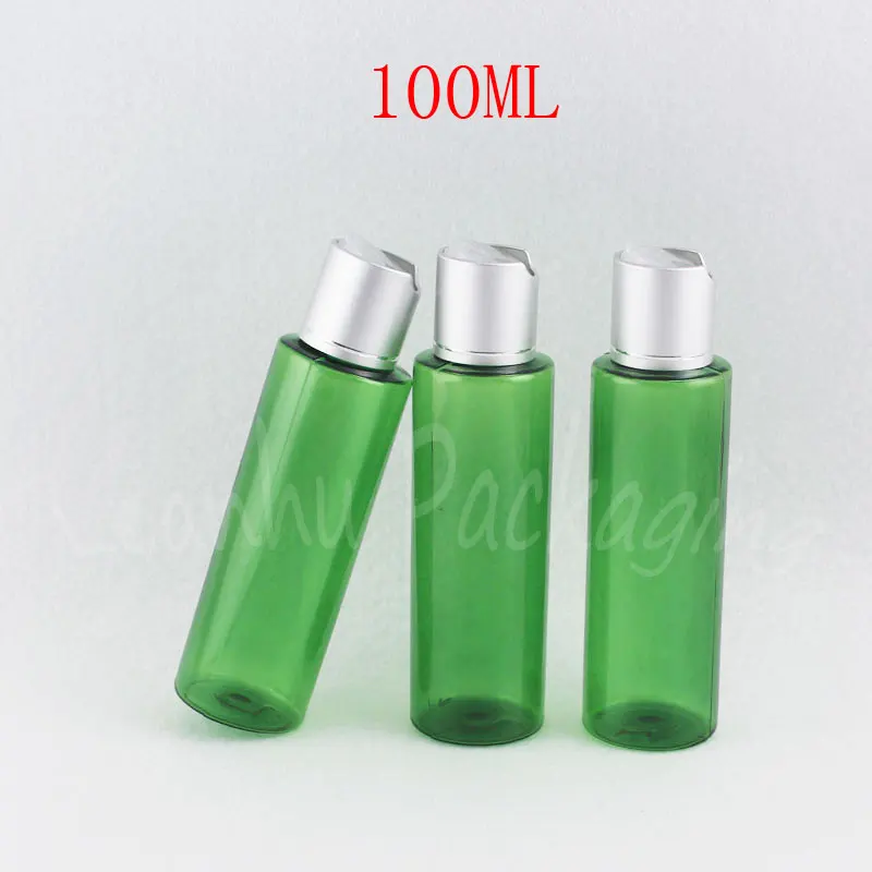 100ML Green Plastic Bottle With Silver Disc Top Cap , 100CC Empty Cosmetic Container , Shampoo / Lotion Travel Packaging Bottle