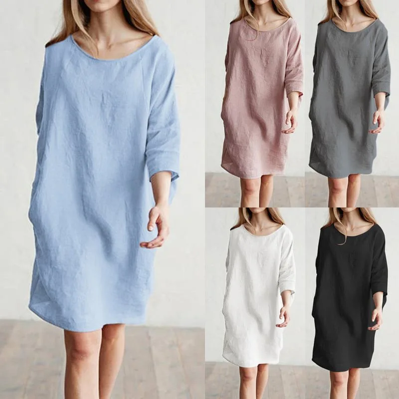 

S-5XL Women Plus Size Midi Shirt Dress Loose O-neck Vintage Three Quarter Dress