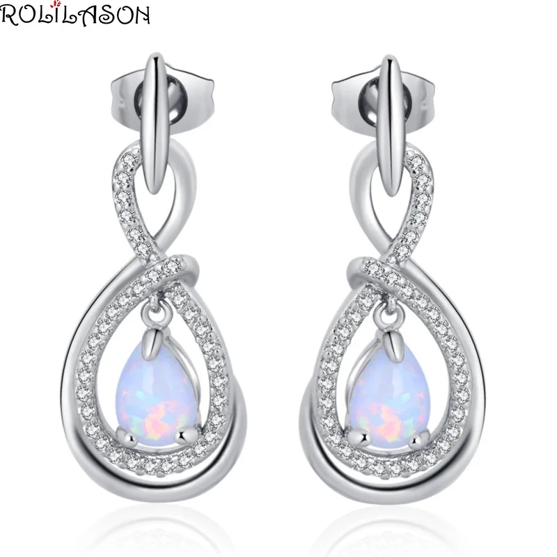 

ROLILASON simple fresh silver plated stamped white opal drop earrings for women's party gift OE784