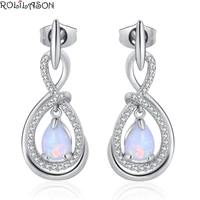 rolilason simple fresh silver plated stamped white opal drop earrings for womens party gift oe784