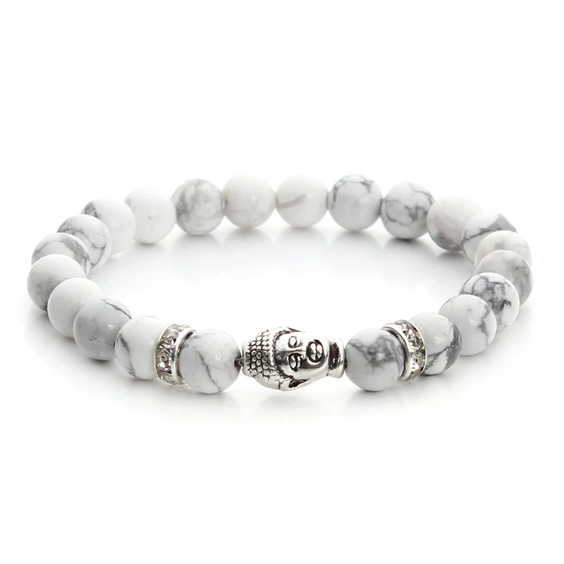 2016 New Antique Silver Color Men Buddha Head Bracelet Natural Howlite/Bead/Tiger Eye Bead Stone Stretch Bracelets Bangles | Украшения и