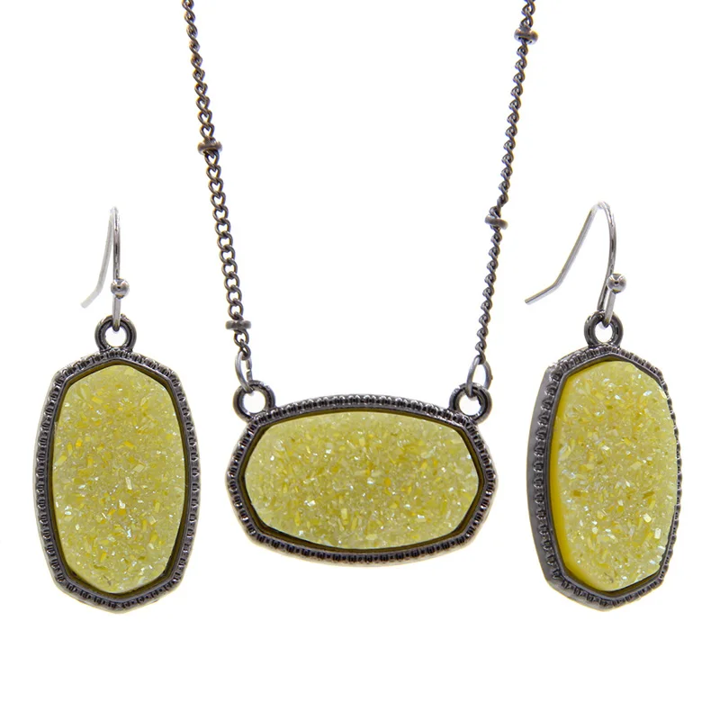Yellow YJX черный Мини переливающийся Drusy Druzy Овальный кулон ожерелья с Висячие серьги ювелирный набор блеск бутик - Окраска металла: Yellow