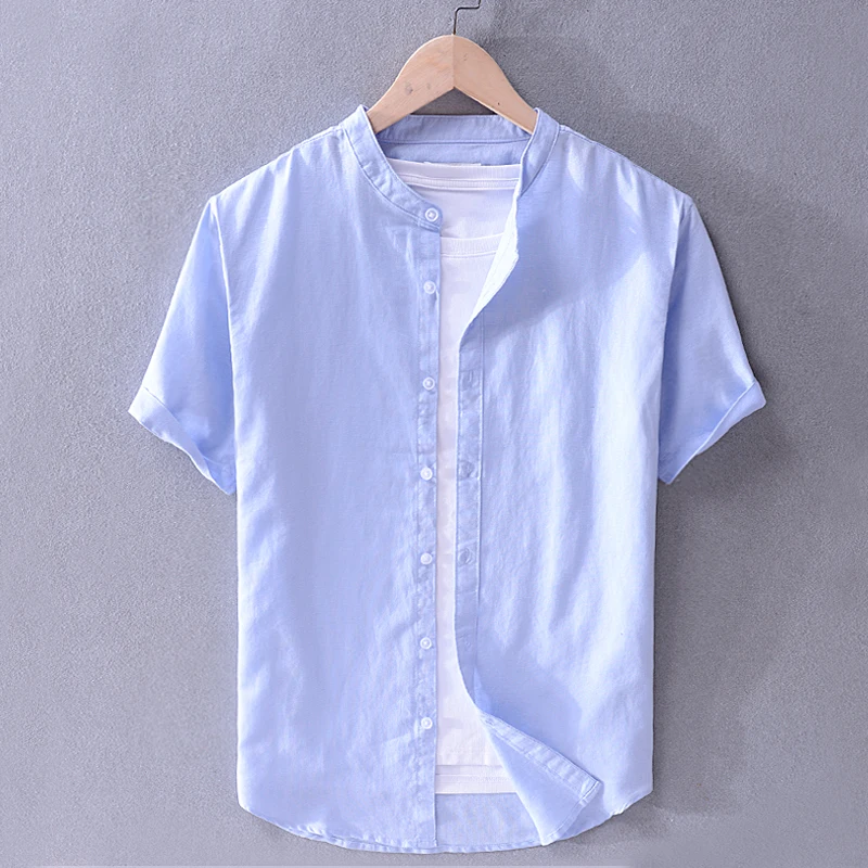 M-4XL stand collar Italy style shirt men linen and cotton sky blue mens tops fashion shirts male casual camisa camiseta | Мужская одежда