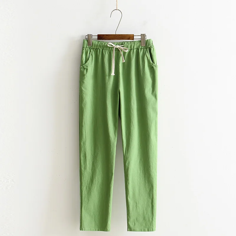 Light green Женские осенние/летние штаны-шаровары из хлопка и льна, однотонные штаны-шаровары ярких цветов с эластичной резинкой на талии, мягкие высококачественные женские штаны - Цвет: Light green