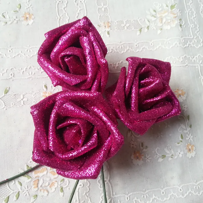 

20PCS/ lot Artificial Foam Roses For Home And Wedding party Diy Decoration Flower Heads flower For Weddings Sequin powder roses