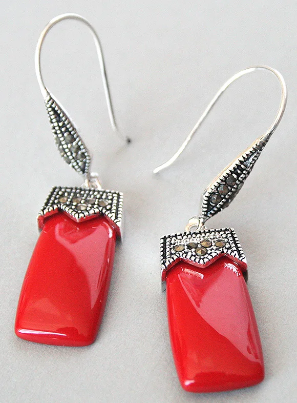 Оптовая продажа хорошие Винтажные серьги с красным кораллом 925 и марказитом 2