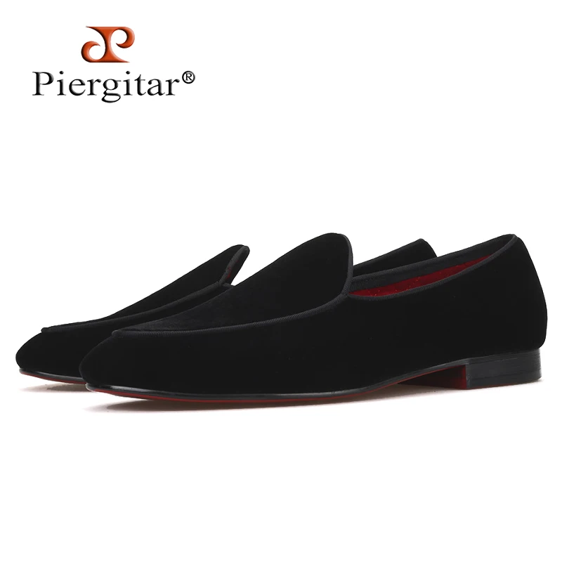Piergitar brand 2019 Handmade Black colors men velvet shoes Fashion party and wedding men's loafers plus size smoking slippers | Обувь