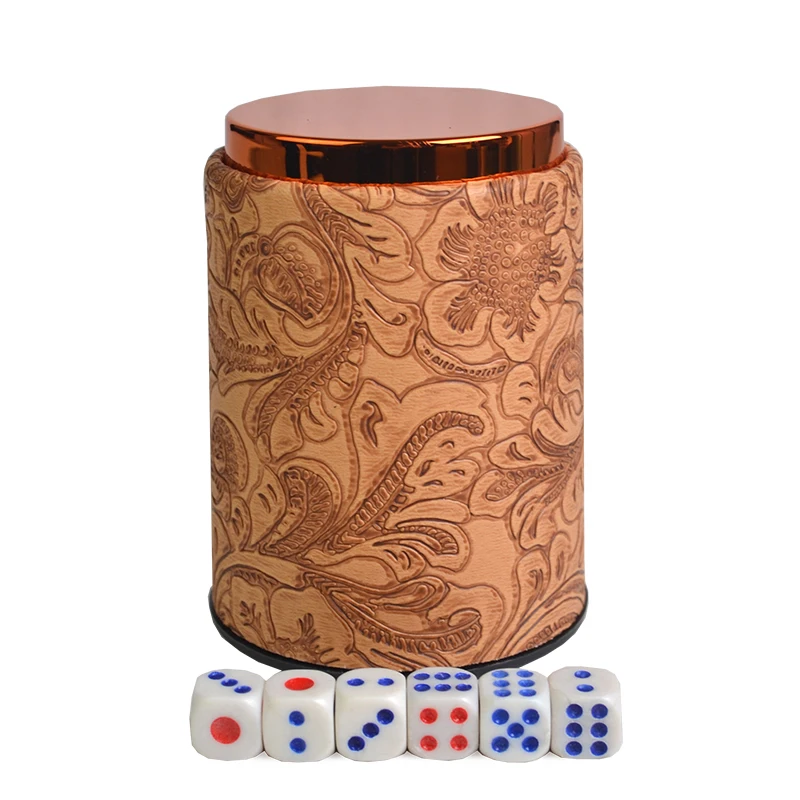 

Club Bar Gambling Casino Texas Poker Game Metal+Lether Dice Cup Set & 6pcs Digital White/Acrylic Dices