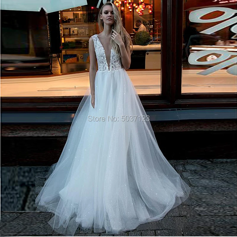 

Сверкающие Свадебные платья без рукавов трапециевидной формы Vestido De Noiva кружевные аппликации глубокий v-образный вырез со шлейфом Свадебные платья, платья невесты