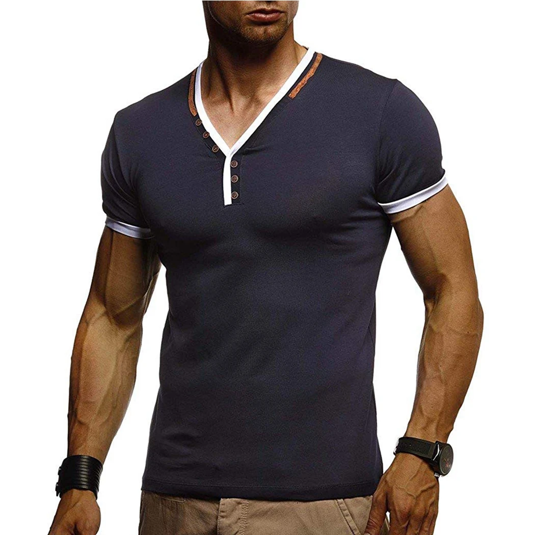 Мужские футболки на пуговицах с v образным вырезом повседневные однотонные