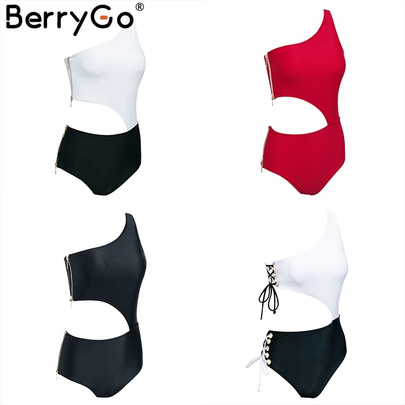 BerryGo сексуальный женский купальник с боковой шнуровкой, высокая талия, цельный черный женский купальник, летняя пляжная одежда, женские купальники