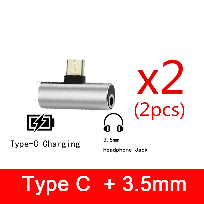 2pcs Silver Двойные наушники 3,5 мм разъем и тип c 2 в 1 аудио зарядное устройство для huawei P30 Pro Чехол аудио Chraging для Xiaomi Mi 8 9 - Цвет: 2pcs Silver