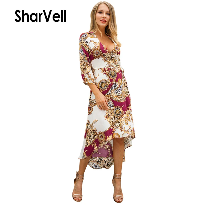 SharVell Women Dress Bohemian Print irregular Hem Casual Beach Dresses Summer V-neck A-Line Bow Tunic Mid-Calf | Женская одежда