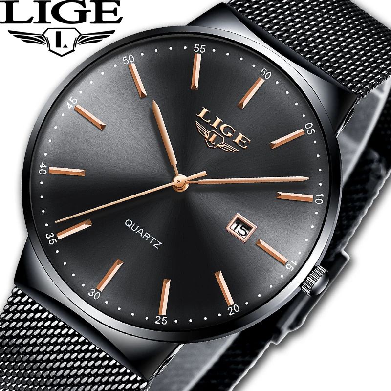 

Часы наручные LIGE Мужские кварцевые, водонепроницаемые автоматические, простые и стильные, 2019