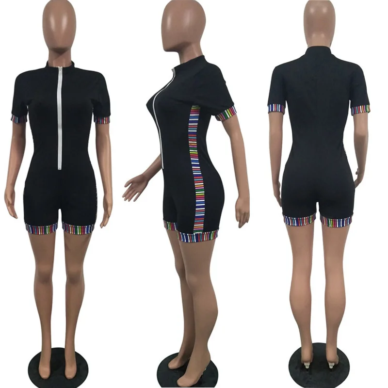 

Casual Skinny Jumpsuit Romper Women Front Zipper Fitness Bodysuit Summer Playsuit Short Rompers Womens Jumpsuit Party Overalls