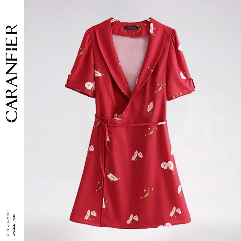 CARANFIER красный Boho Цветочный принт мини платье с v образным вырезом Для женщин
