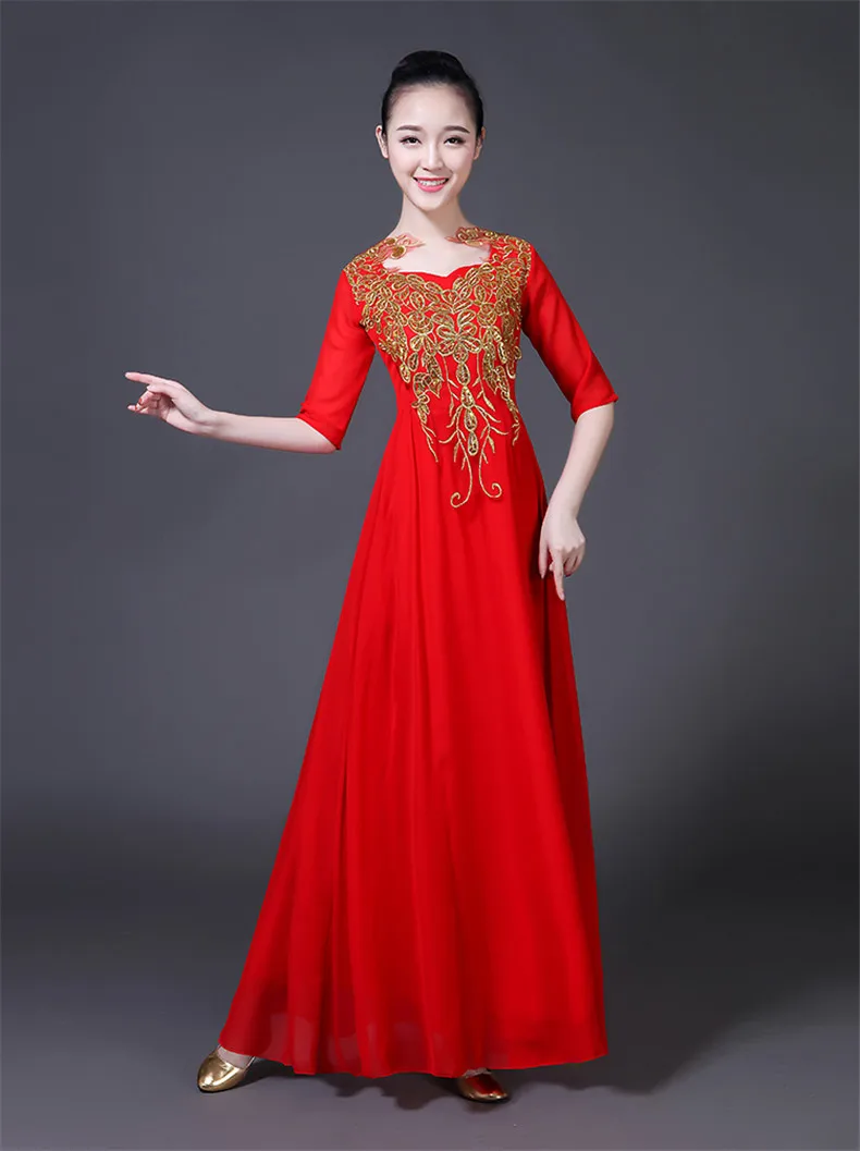 Китайский Hanfu хор представление Платье Женская юбка взрослый современный танец хост среднего возраста и пожилых выступлений платья