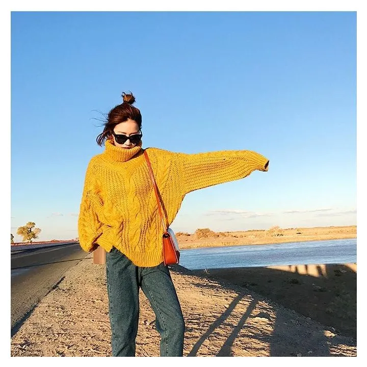 Autumn Winter Women Turtleneck Casual Sweater Loose Coarse Line Knitted Pullovers Fashion Large Size Solid | Женская одежда
