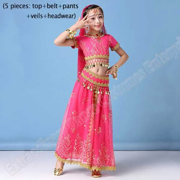 Fuchisa-5pcs Стиль, детский индийский костюм для танца живота, сари, Болливуд, детский наряд, шифоновый топ на Хэллоуин, пояс, юбка, вуаль, головной убор - Цвет: Fuchisa-5pcs