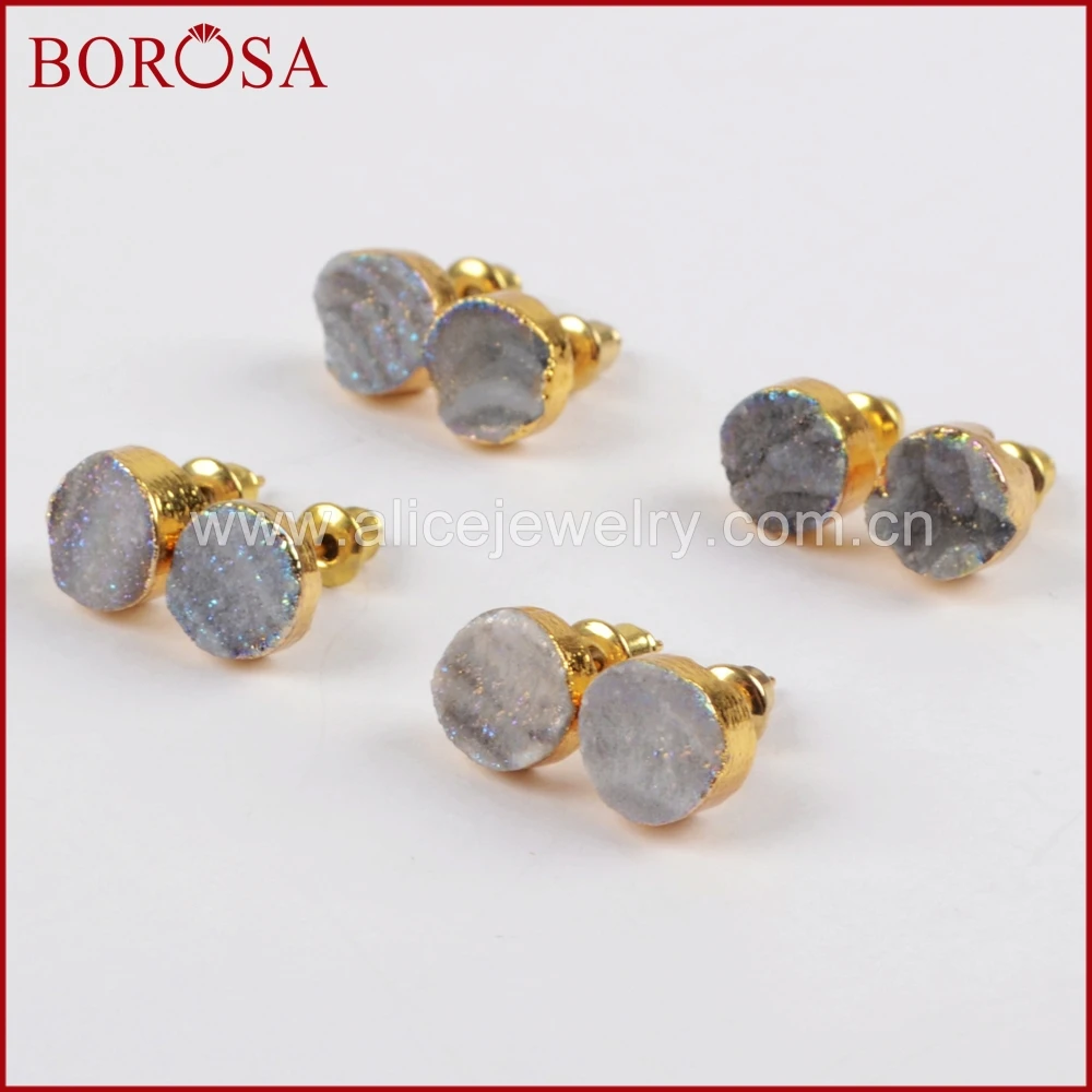 Круглые серьги-гвоздики BOROSA G1379 золотого цвета из титана AB Galaxy Druzy Quartz модные с
