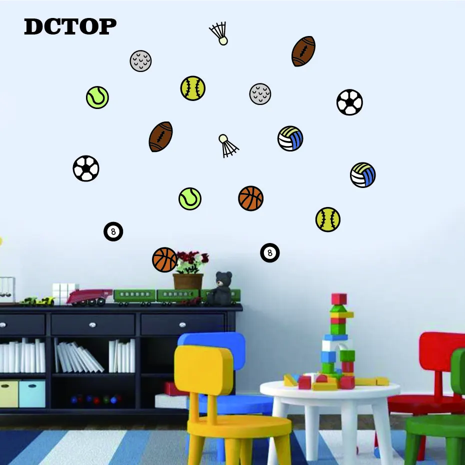 Creative Ball Sport Wall Stickers Cartoon Basketball Football Badminton DIY Vinyls Decals Home Decor for Kids Nursery Room Mural | Дом и сад