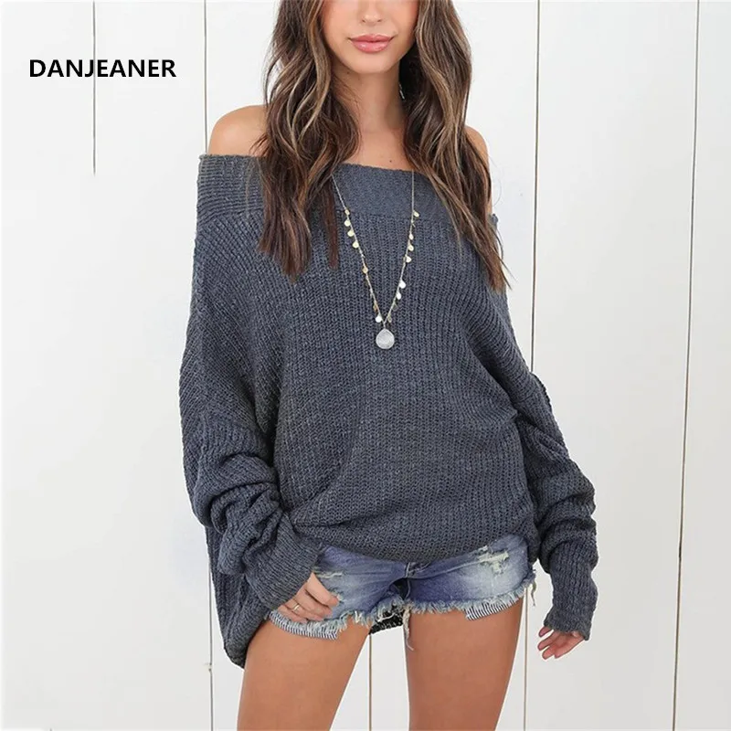 

Danjeaner S-5XL, сексуальный длинный свитер с открытыми плечами для женщин, Осень-зима, длинный рукав, однотонный, облегающий, вязаный пуловер, плюс...
