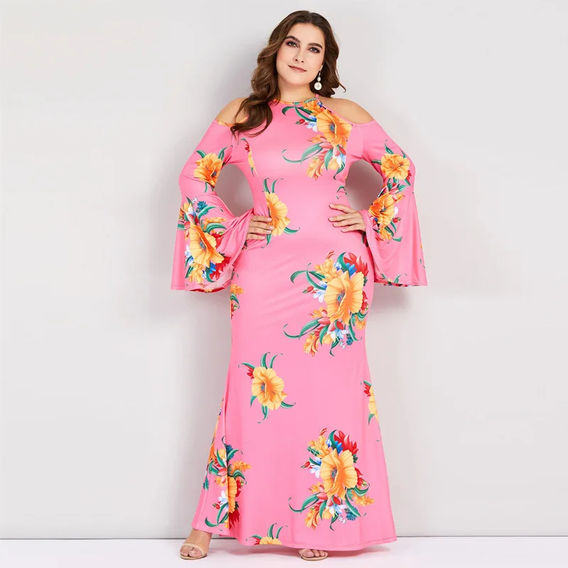 2019 Spring Sexy Women Plus Size Long Dress 3XL 4XL Halter Summer Casual Floral Big Off Shoulder Elastic Pink Maxi | Женская одежда