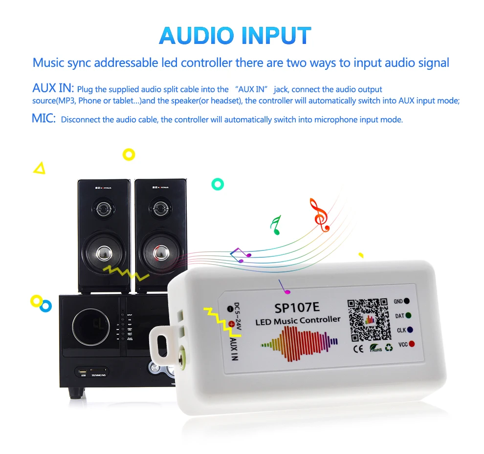 SP107E Bluetooth светодиодный музыкальный контроллер полноцветный пиксель IC SPI контроллеры от смартфона приложение для WS2812B WS2813 SK6812 Светодиодная лента