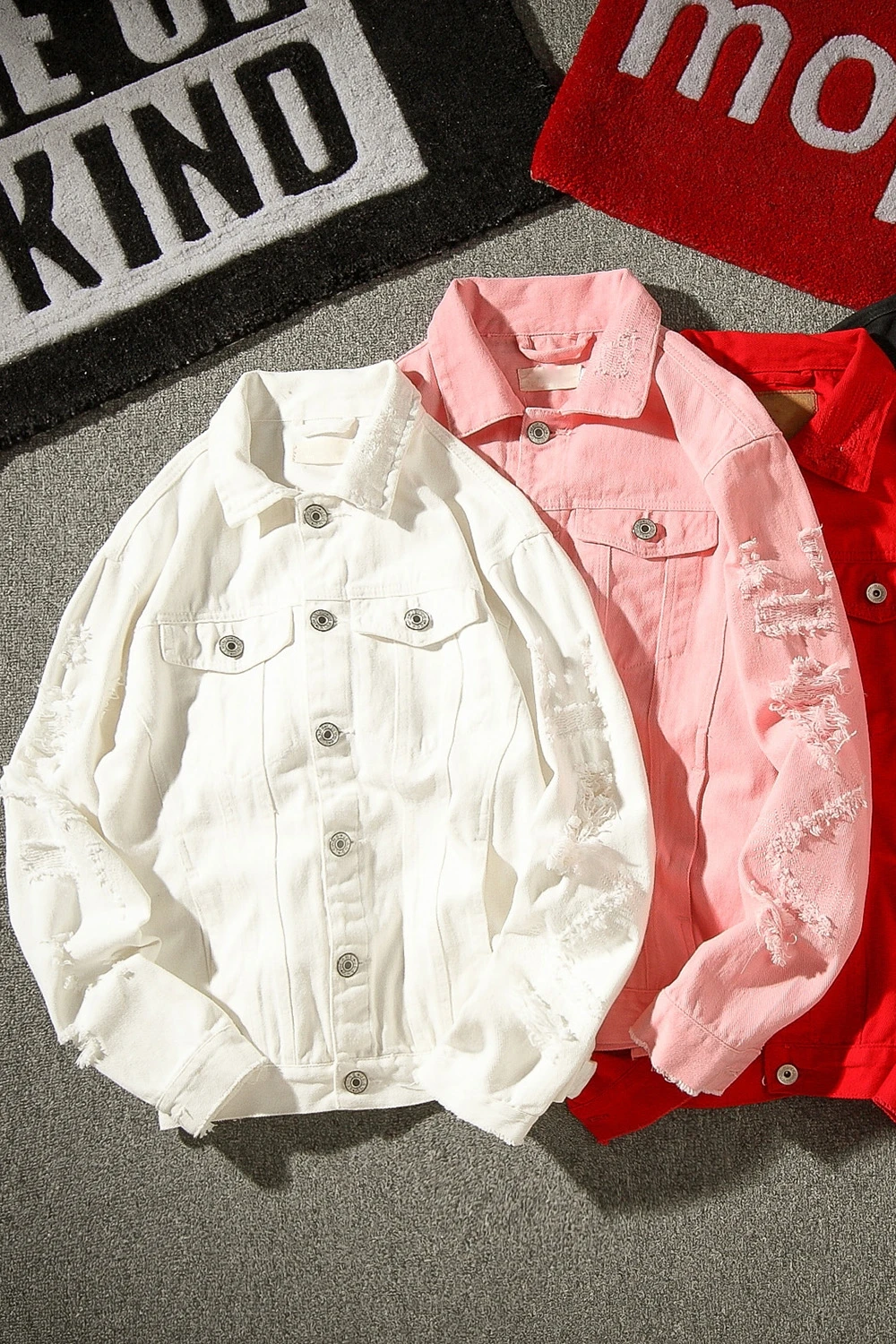 

Fashion Autumn Coats Male Embroidery Blue MWC Hole Red Pink White Black Pure olor OuterWear Men 5XL Loose Youth Casual MOOWNUC